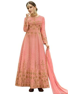 peach embroidered Art Silk unstitched salwar with dupatta 1
