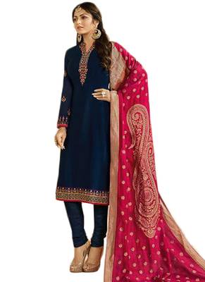 blue embroidered satin unstitched salwar with dupatta 1