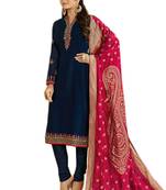 blue embroidered satin unstitched salwar with dupatta