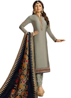 Grey embroidered satin unstitched salwar with dupatta 1