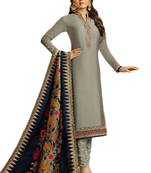 Grey embroidered satin unstitched salwar with dupatta