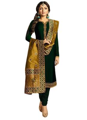 green embroidered satin unstitched salwar with dupatta 1