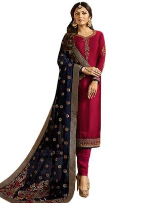 red embroidered satin unstitched salwar with dupatta 1