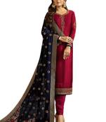 red embroidered satin unstitched salwar with dupatta