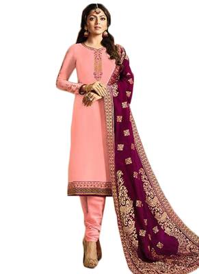 pink embroidered satin unstitched salwar with dupatta 1