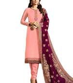 pink embroidered satin unstitched salwar with dupatta