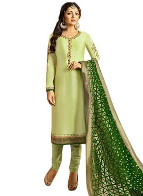 green embroidered satin unstitched salwar with dupatta 1