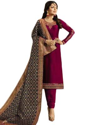 Purple embroidered satin unstitched salwar with dupatta 1