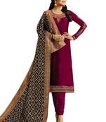 Purple embroidered satin unstitched salwar with dupatta