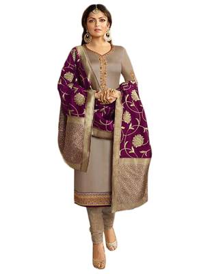 Grey embroidered satin unstitched salwar with dupatta 1