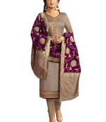 Grey embroidered satin unstitched salwar with dupatta