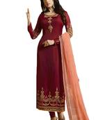Maroon embroidered satin unstitched salwar with dupatta