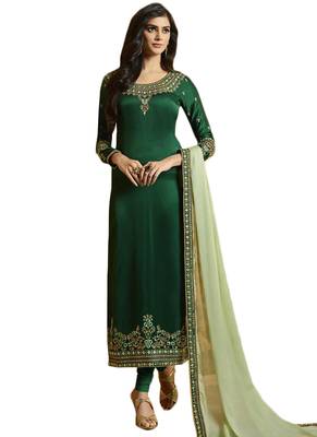 green embroidered satin unstitched salwar with dupatta 1