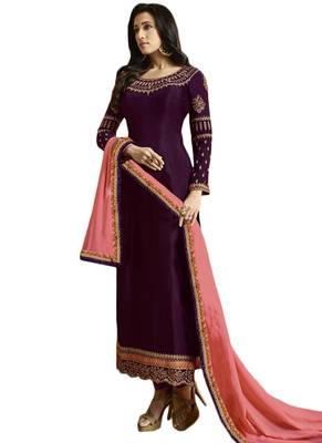 purple embroidered satin unstitched salwar with dupatta 1