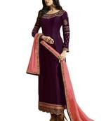 purple embroidered satin unstitched salwar with dupatta