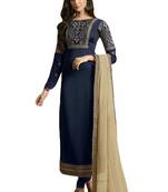 blue embroidered satin unstitched salwar with dupatta