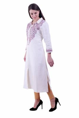 White Embroidered Linen Ethnic Kurti 2