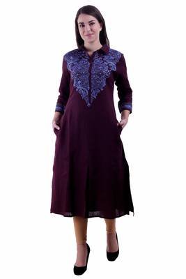 Wine Embroidered Linen Ethnic Kurti 1