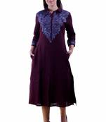 Wine Embroidered Linen Ethnic Kurti