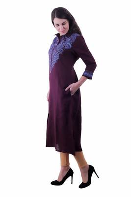 Wine Embroidered Linen Ethnic Kurti 2