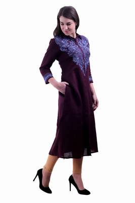 Wine Embroidered Linen Ethnic Kurti 3