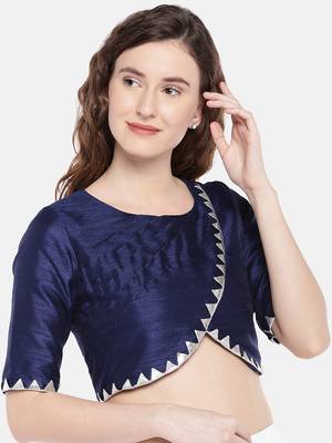 navy blue Raw Silk Round Neck pleated Readymade Blouse 1