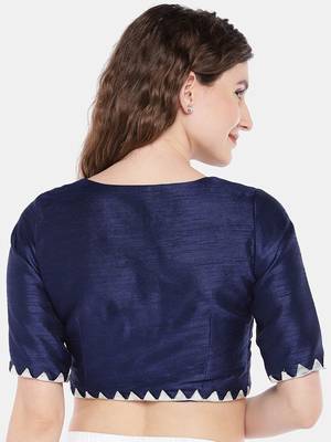 navy blue Raw Silk Round Neck pleated Readymade Blouse 2