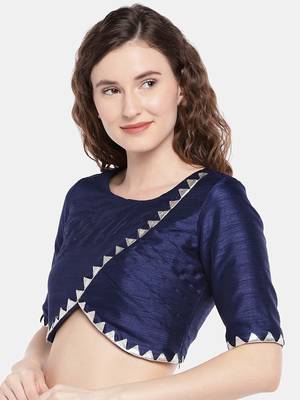 navy blue Raw Silk Round Neck pleated Readymade Blouse 3