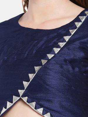 navy blue Raw Silk Round Neck pleated Readymade Blouse 4