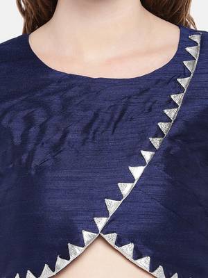 navy blue Raw Silk Round Neck pleated Readymade Blouse 5