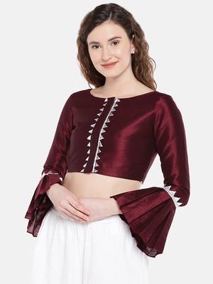 maroon Raw Silk Boat Neck Readymade  non padded Blouse 1