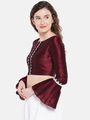 maroon Raw Silk Boat Neck Readymade  non padded Blouse 3