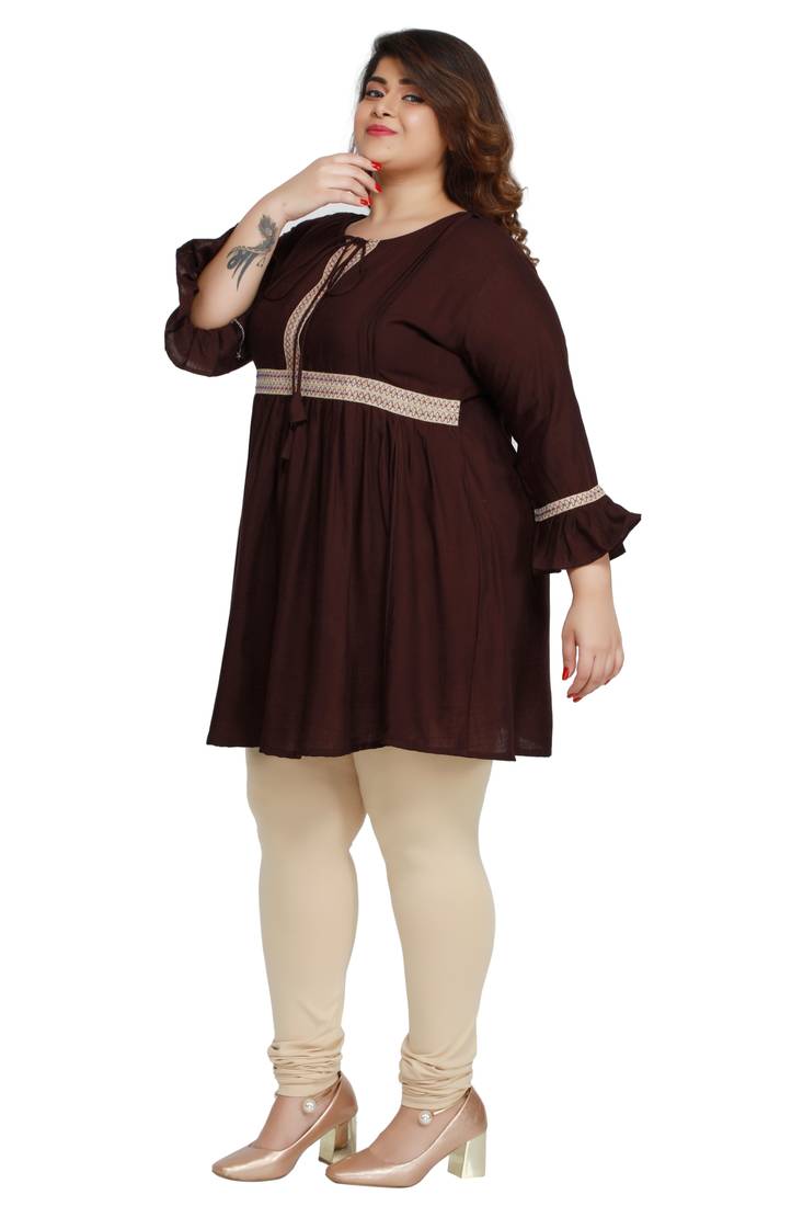 rayon slub Dark Brown with woven lace pattern Plus size ladies top