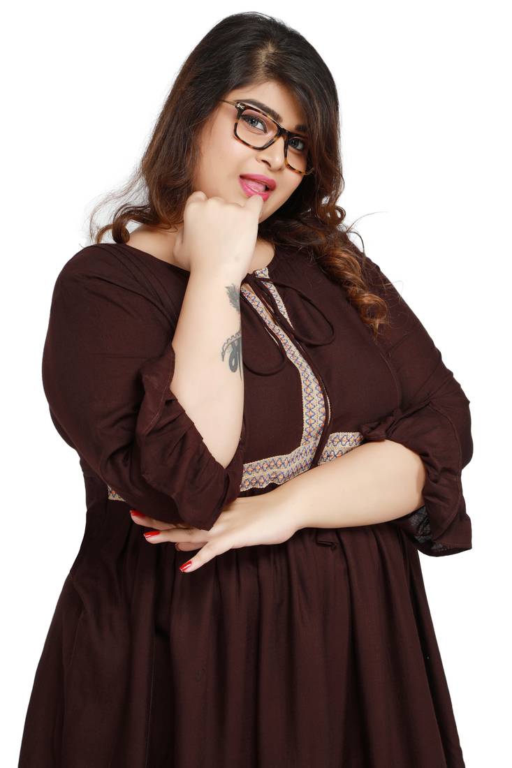 rayon slub Dark Brown with woven lace pattern Plus size ladies top