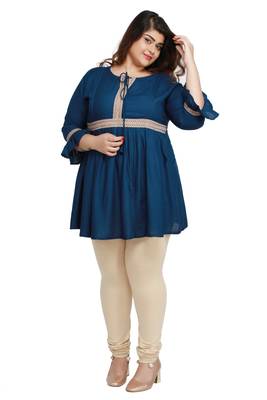Rayon Slub Peacock Blue with woven lace pattern Plus size ladies top 1