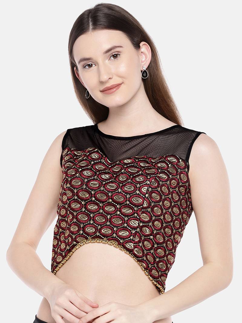 Maroon Padded net multi head embroidery Blouse