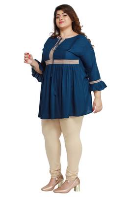 Rayon Slub Peacock Blue with woven lace pattern Plus size ladies top 2