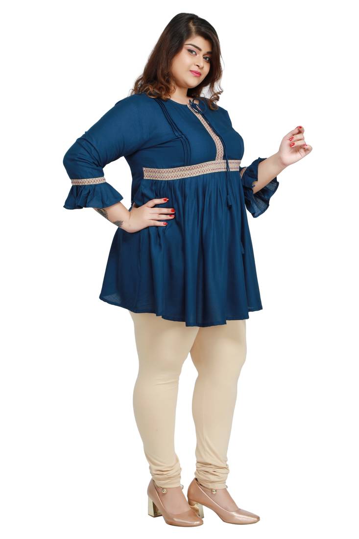 Rayon Slub Peacock Blue with woven lace pattern Plus size ladies top