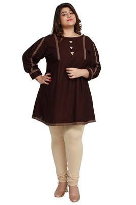Rayon Slub Brown with woven Lace and wooden button  patter Plus size Ladies short top 1