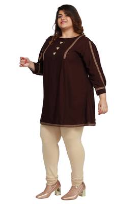 Rayon Slub Brown with woven Lace and wooden button  patter Plus size Ladies short top 2