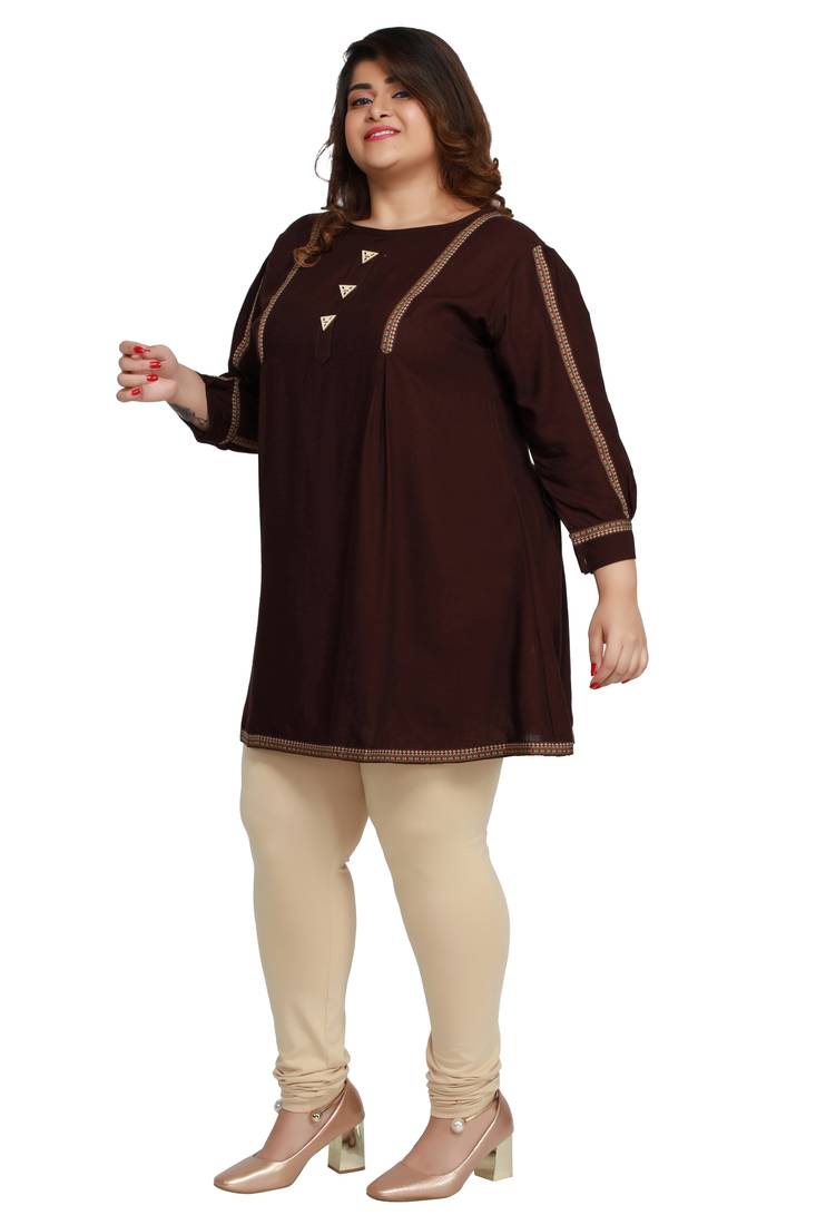 Rayon Slub Brown with woven Lace and wooden button  patter Plus size Ladies short top
