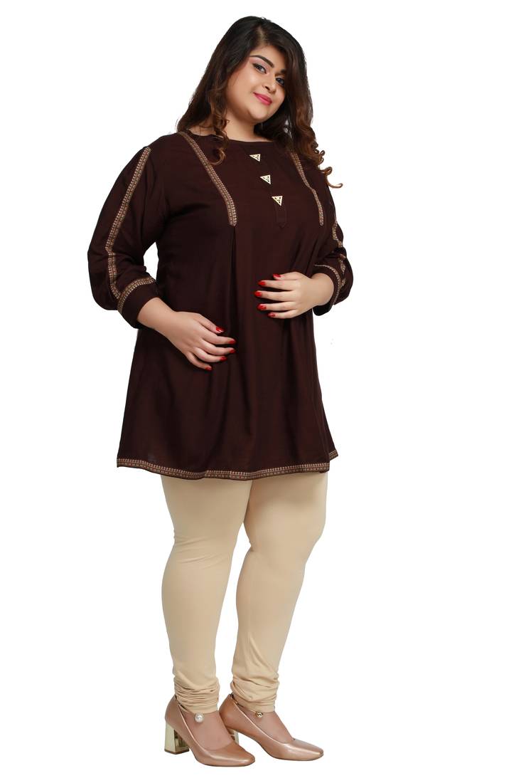 Rayon Slub Brown with woven Lace and wooden button  patter Plus size Ladies short top