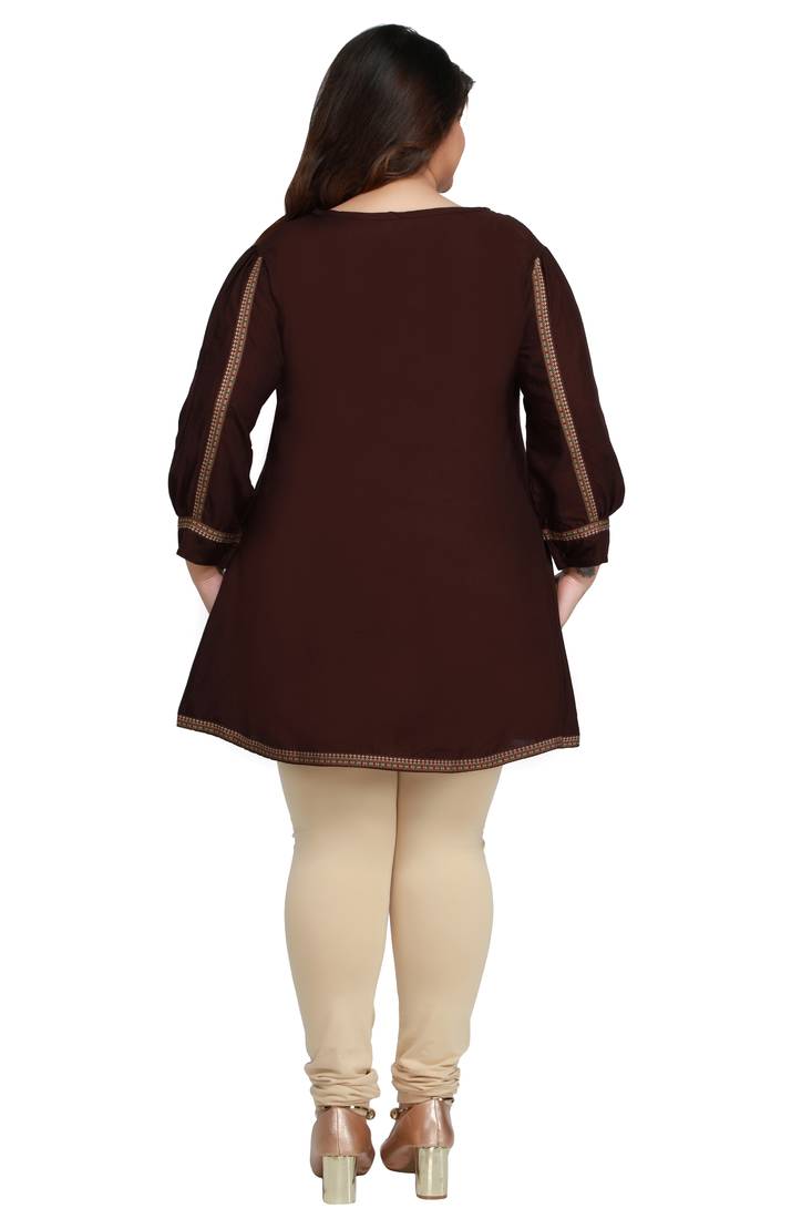 Rayon Slub Brown with woven Lace and wooden button  patter Plus size Ladies short top