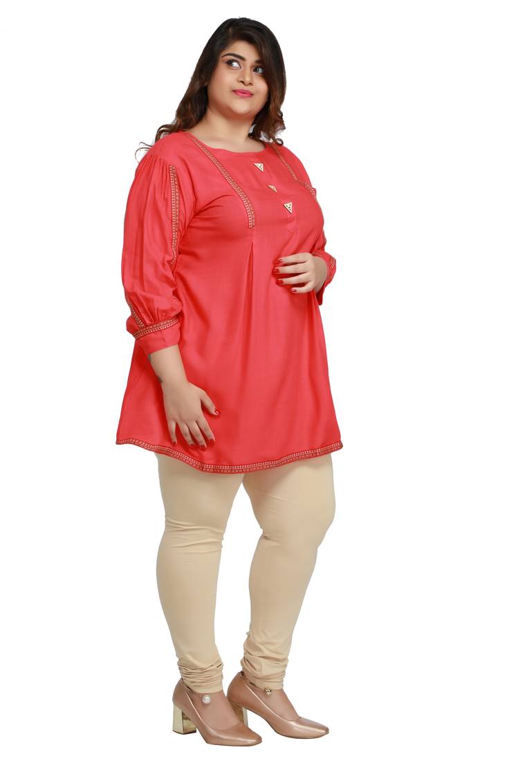 Rayon Slub Light Pink with woven Lace and wooden button  patter Plus size Ladies short top