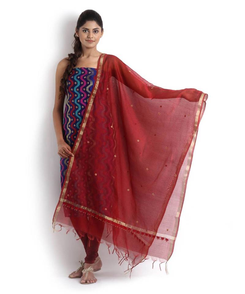 blue embroidered cotton silk unstitched chikankari salwar with dupatta