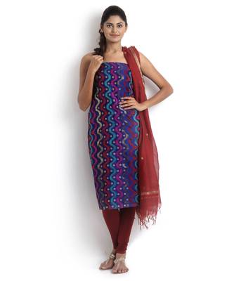 blue embroidered cotton silk unstitched chikankari salwar with dupatta 1