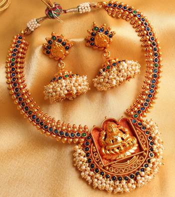 Royal Antique Blue  Green Lakshmi Necklace Set Dj07517 1