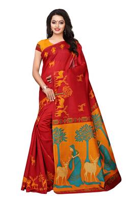 Red printed khadi saree with blouse 1