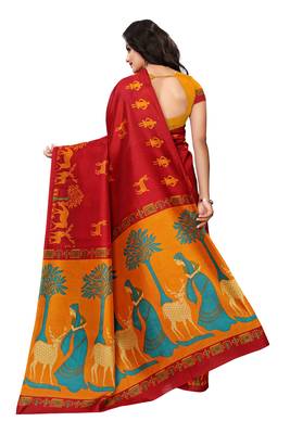 Red printed khadi saree with blouse 2