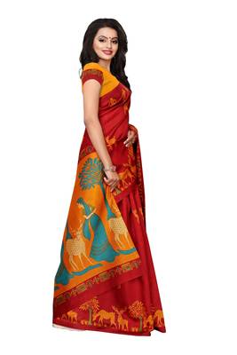 Red printed khadi saree with blouse 3